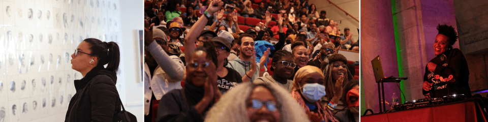 Collage of young people engaged in cultural activities at the Schomburg Center.