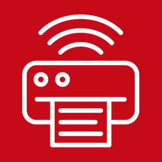 Red background featuring a white icon of a printer.