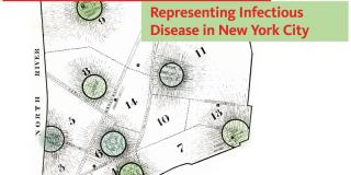 An 1832 map of the southernmost tip of Manhattan between the East River and Hudson River (printed as the North River) is shown. The landmass itself is sparsely detailed except for circled areas delineating area of cholera outbreak. 'Mapping Contagion: Representing Infectious Disease in New York City' is printed on top of the map