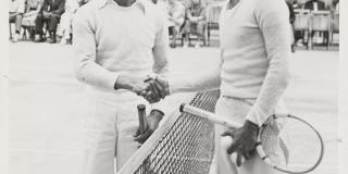 June 6, 1938, Radcliffe Mason (left) shaking hands with fellow tennis player at the “Brooklyn Net Club”