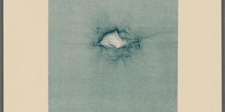 A lithograph depicting a simple blue textile with a hole ripped in it