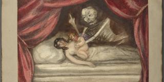 A painting of a woman lying in a bed surrounded by a red curtain, with a skeleton standing over her