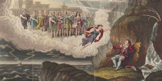 A multicolored illustration of a man in a red velvet jacket and striped breeches is leaning against a rocky landscape overlooking a stormy sea. An angel flies above him as the clouds open up in the sky revealing a group of people beckoning him up