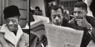 Left: A black and white photo of James Baldwin in partial profile. He is wearing a hat and shearling coat. Right: James Baldwin is holding a newspaper. Medgar Evers, who seated behind him, is partially leaned over Baldwin’s shoulder to also read the newspaper. 