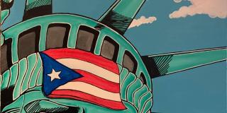 Painting by Nelson Host Santiago. The Puerto Rican flag is in front of the Statue of Liberty's forehead. 