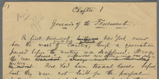 Historic page from an 1890 manuscript of How the Other Half Lives handwritten in cursive by Jacob Riis with various editing marks in the margins.