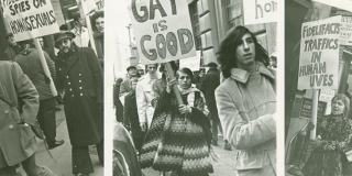 Three black and white photographs of protesters in 1971. Signs read: "Fidelifacts spies on homosexuals," "Gay is Good" and "Fidelifacts traffics in human lives"