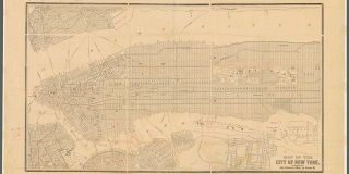 Print on off-white paper of the street grid of Manhattan and portions of Brooklyn with handwritten annotations in red ink