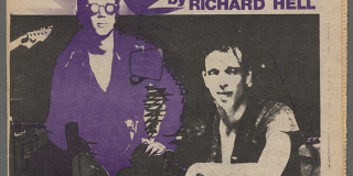 Closed publication with cover printed in black and purple ink, with a photograph of Richard Hell and noted contents including “link wray/nuyoricans/fashion/papal visit” and “Slum journal by Richard Hell”