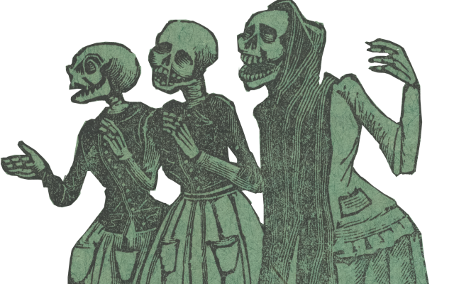 Three female skeletons, singing and clapping. Print on green paper.