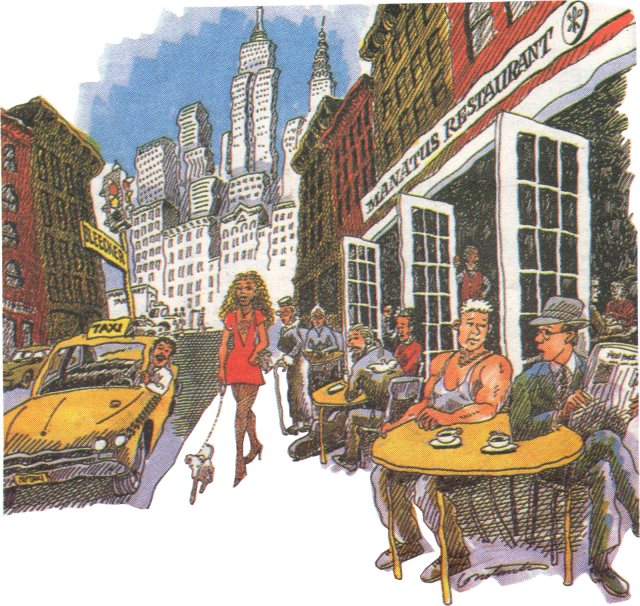 Cartoon of New York City scene in front of restaurant