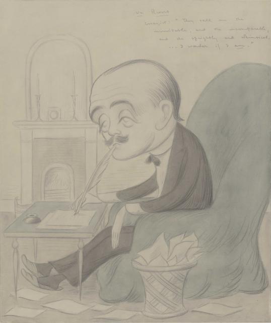 Caricature depicting Max Beerbohm sitting on a sofa chair, hunched over a table, writing using a feather quill. On his side, there is a bin full of disregarded manuscripts 