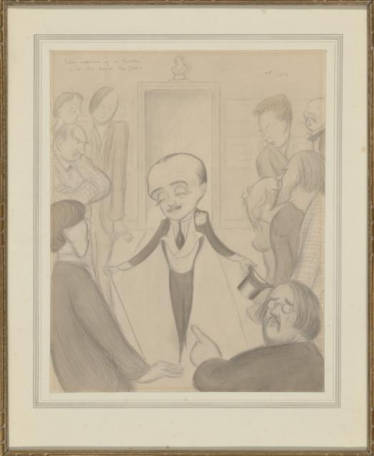 Cartoon depicting Max Beerbohm with a large head and slim body walking into a room of people pointing and looking at him