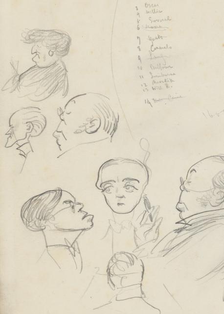 pencil sketch of several small heads and a handwritten list of names