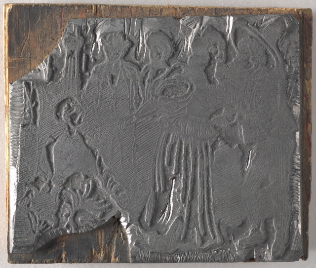 Posada printing block: Don Chepito Mariguano. Relief etching zinc printing plate with image. Attached to wood.