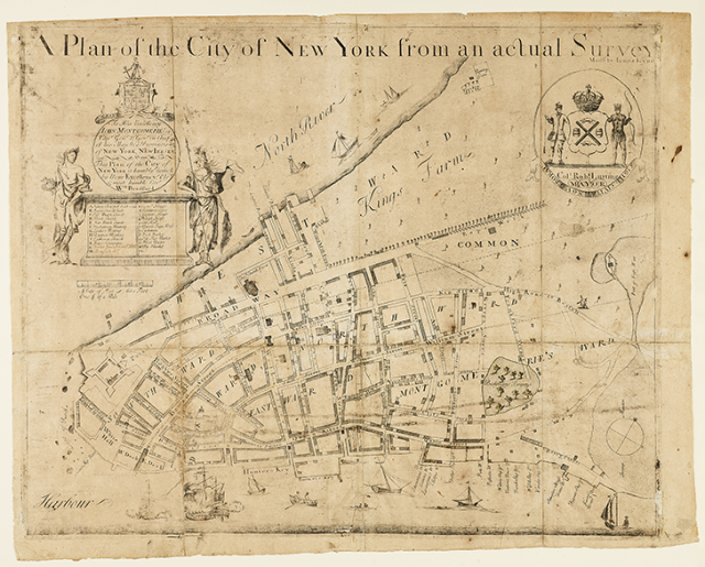 Printed map on tan paper showing the streets of 18th-century New York.