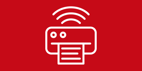 Red background featuring a white icon of a printer.