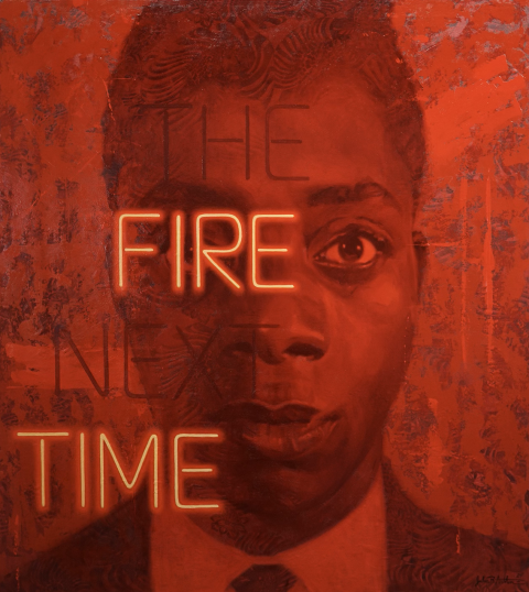 Redish colored painting with the words Fire and Time glowing in front of the face of James Baldwin