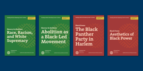 Against a blue background, there are four covers of the curriculum featuring the titles: Race, Racism, and White Supremacy, Abolition as a Black-led Movement, The Black Panther Party in Harlem, and Aesthetics of Black Power. 