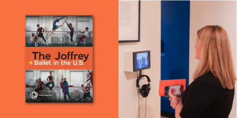 Cover of exhibition guide displayed on an orange background next to a patron viewing a video inside the exhibition.